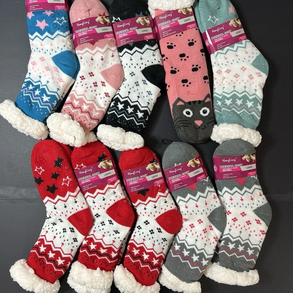 Sherpa Fleece Lined Winter Christmas Cozy With Non Skid Slipper Socks Lot Of 10
